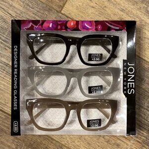 JONES NEW YORK Designer Reading Glasses 2.0 Chunky Frames BLACK Gray TAN 3 Pack
